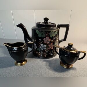 MC Pearl China hand-painted floral and 22K gold trim Teapot, Sugar, Creamer USA